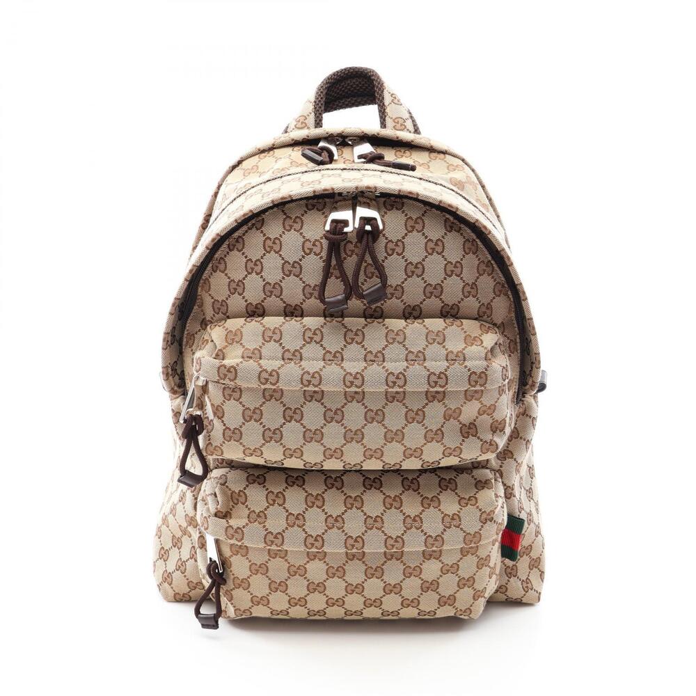 Gucci GG Canvas Backpack Rucksack Bag Leather Beige Brown